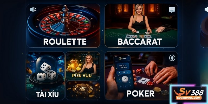 Kho game casino SV388 đa dạng từ Roulette, Baccarat đến Tài Xỉu và Poker